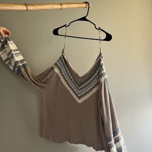 Free People Brown and Blue Cold Shoulder Blouse